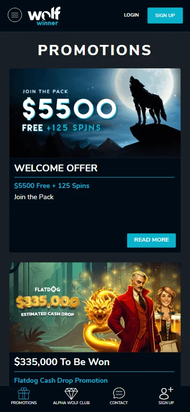 Wolf Casino mobile browser promotions area