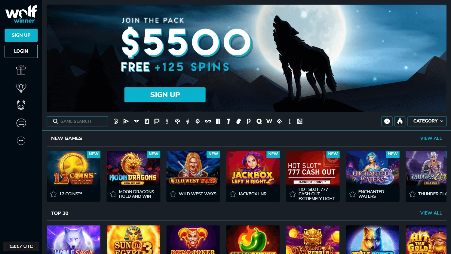Wolf Casino desktop home screen with casino games and account access