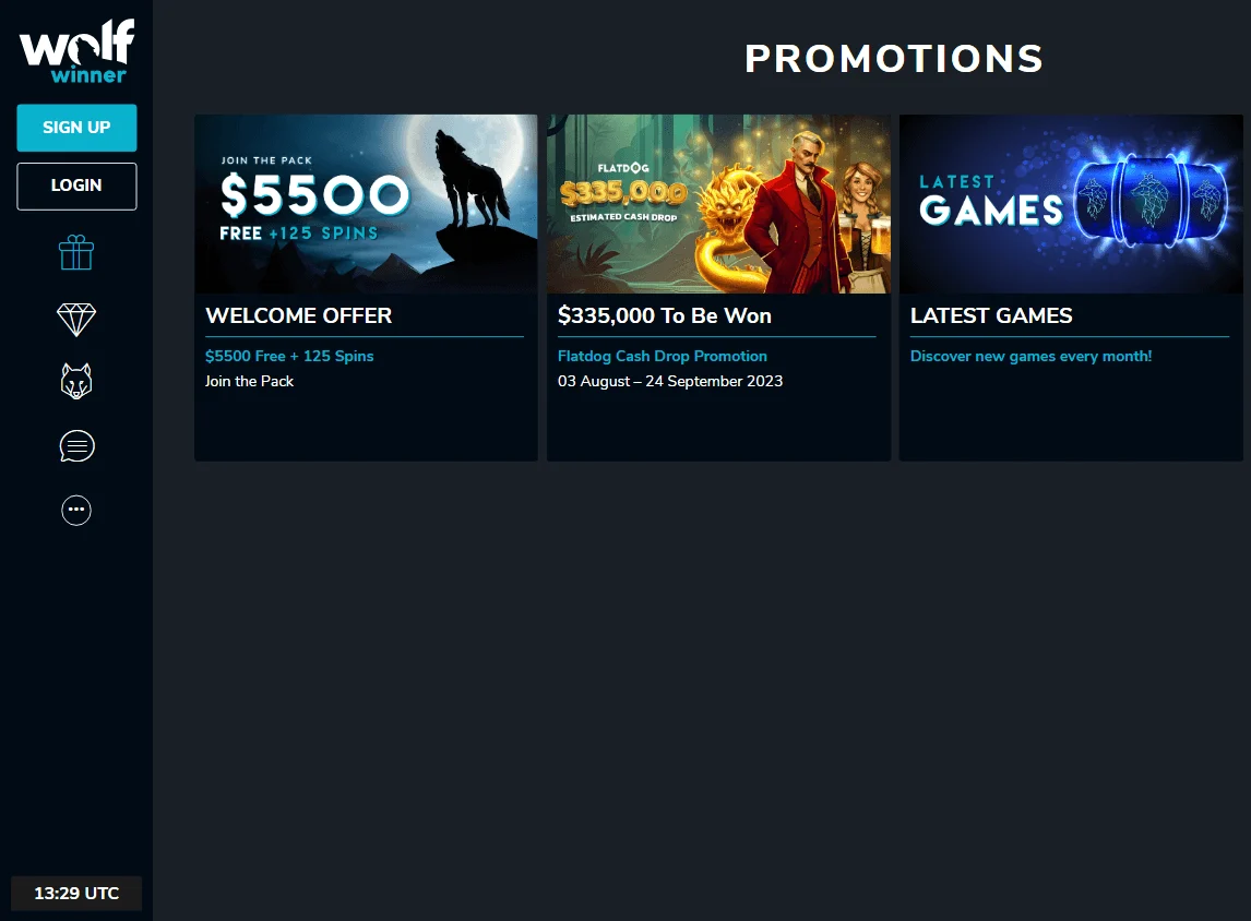 Wolf Casino desktop promotions area with welcome and prize offers