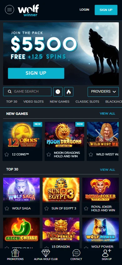 Wolf Casino mobile browser home screen with casino games